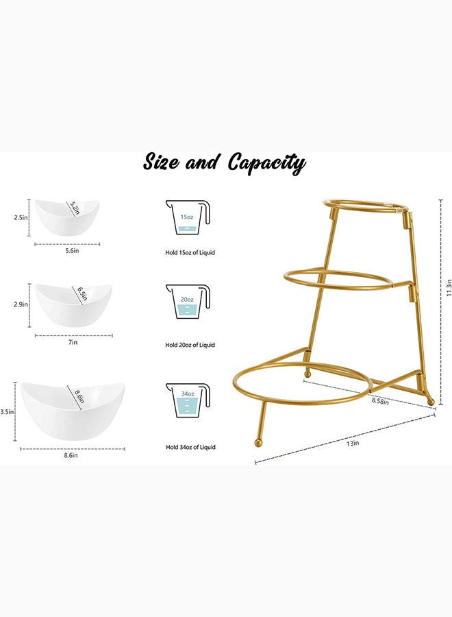 3 Tier Oval Bowl Set With Metal RackHabilife Three Ceramic Fruit Bowl Serving - Tiered Serving Stand - Dessert Appetizer Cake Candy Chip Dip (Gold)
