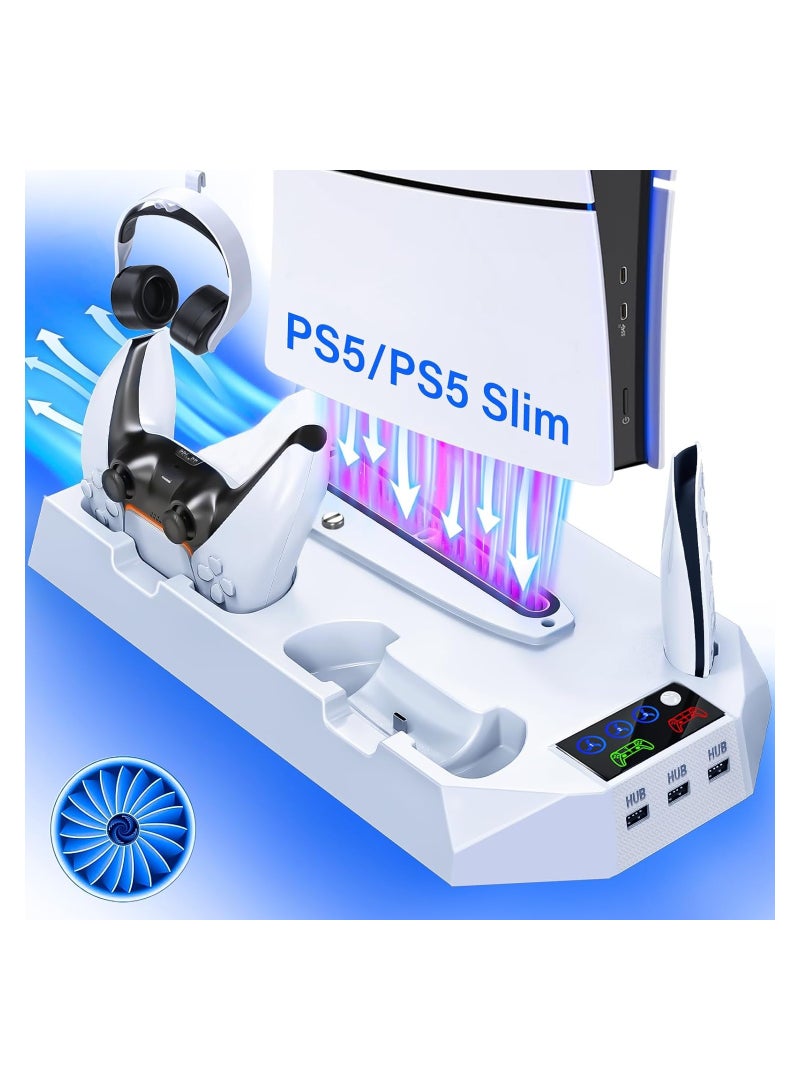 PS5 Slim Stand and Cooling Station with Controller Charging Station for Playsation 5 Slim&Standard Disc/Digital Console, PS5 Accessories Incl. Controller Charger/Turbo Fan/3 USB Hub/Headset holder