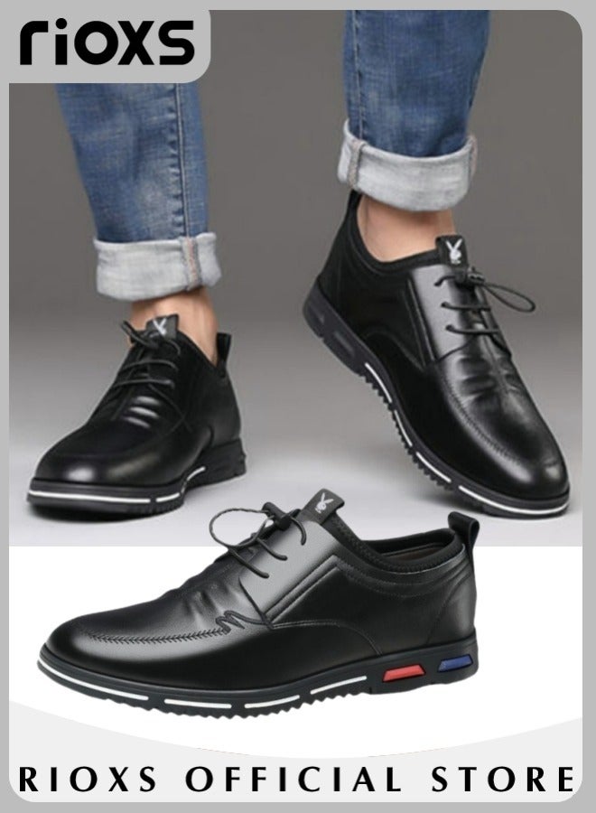 Men's Business Casual Leather Shoes Lace-Up Round Toe Fashion Formal Oxford Shoes with Low Heel