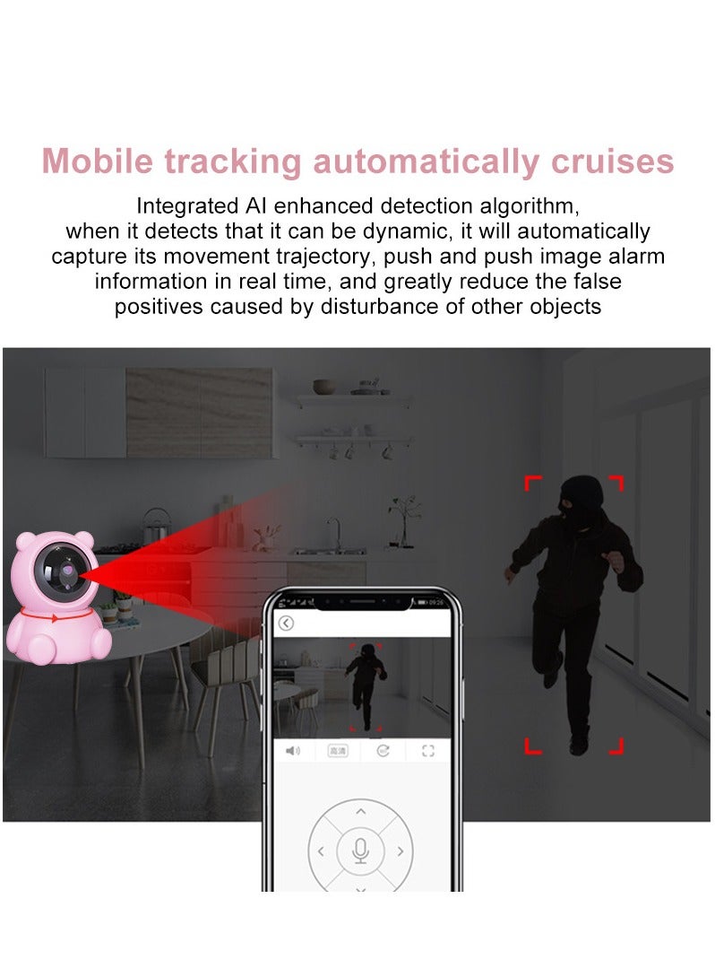 Baby Monitor 1080P Toddler Infant Portable Security Camera, Smart Control Wifi Remote Access Night View Webcam HD Video 360 Degree Rotation Digital Two-way Audio,32G Memory Family Use Home Safe(Strawberry Pink Teddy Bear)