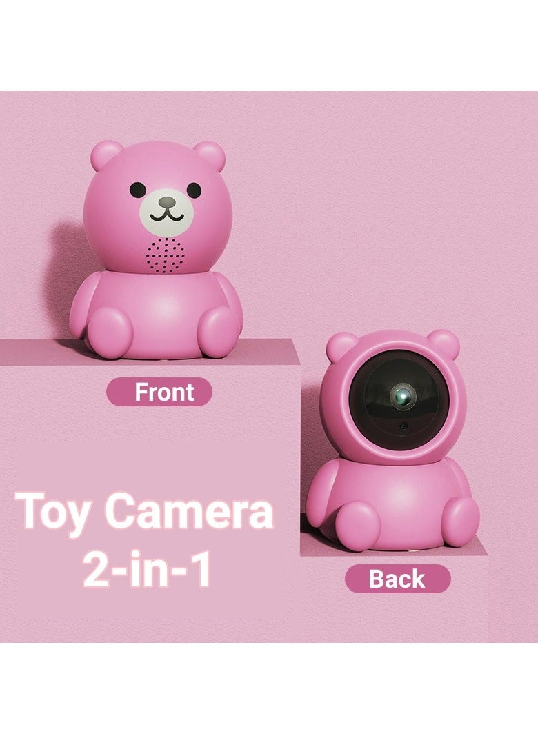Baby Monitor 1080P Toddler Infant Portable Security Camera, Smart Control Wifi Remote Access Night View Webcam HD Video 360 Degree Rotation Digital Two-way Audio,32G Memory Family Use Home Safe(Strawberry Pink Teddy Bear)