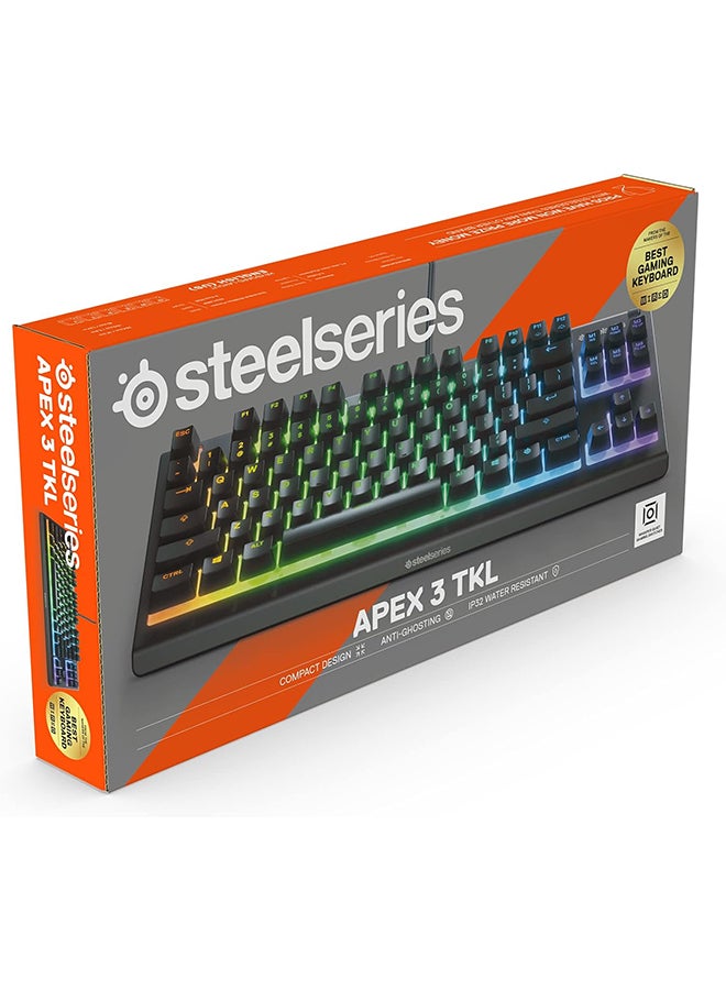 SteelSeries Apex 3 TKL - RGB Gaming Keyboard - Tenkeyless Compact Esports Form Factor - 8-Zone RGB Illumination - IP32 Water & Dust Resistant - American QWERTY Layout, Black