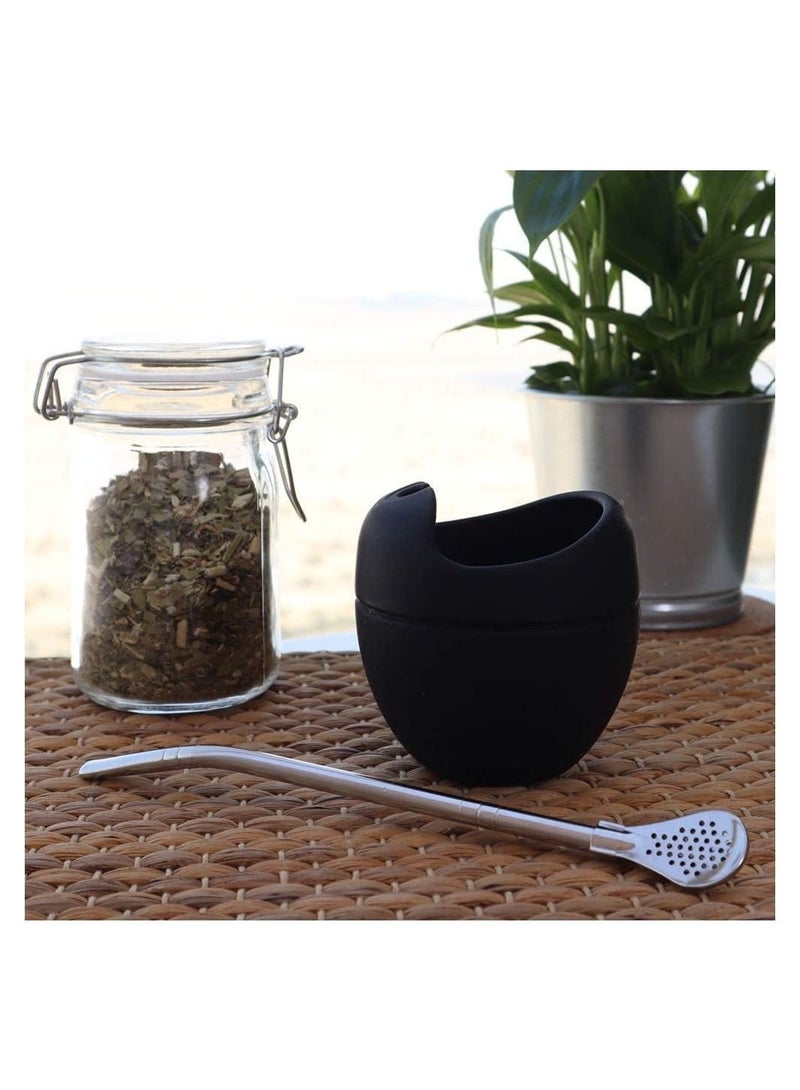 Reusable Silicone Cups, Silicone Mate Gourd Cup Mug Gourd Set With Stainless Steel Straw Filter To Drink Tea And Yerba Mate Drinking, BPA Free, Easy To Clean, 180 Ml (Black)