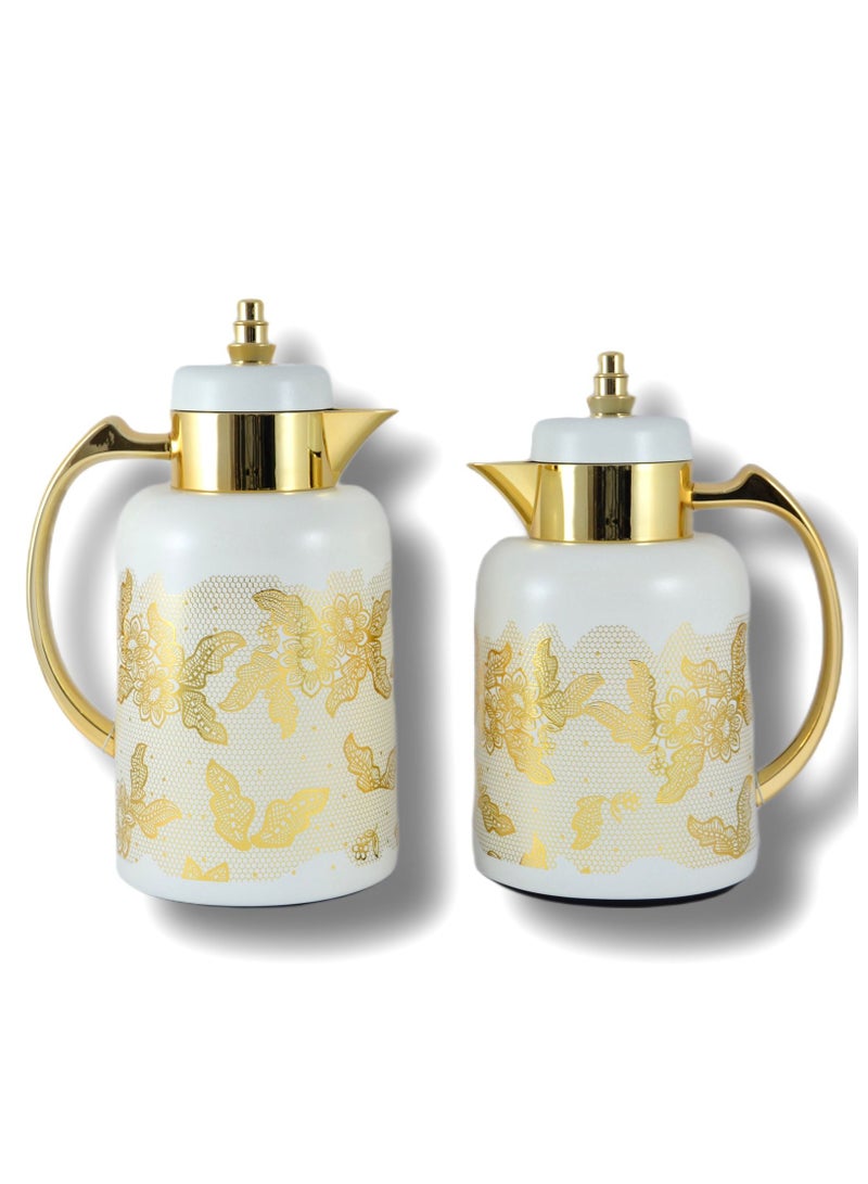 2-Piece Tea & Coffee Flask - 0.7 Liter & 1 Liter Capacity - Glass Inner - ABS Body - White & Gold