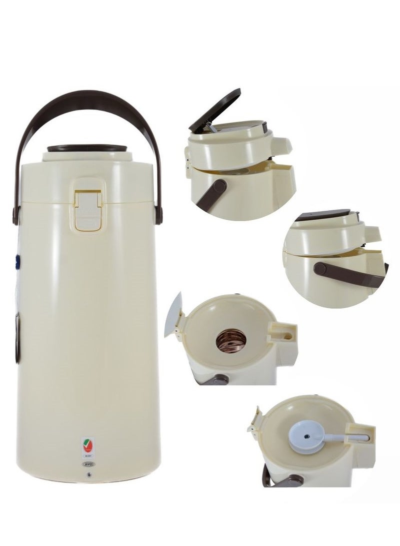 Tea & Coffee Vacuum Flask With Pump, Insulated Double Wall Glass, 3 Litre Capacity, Beige