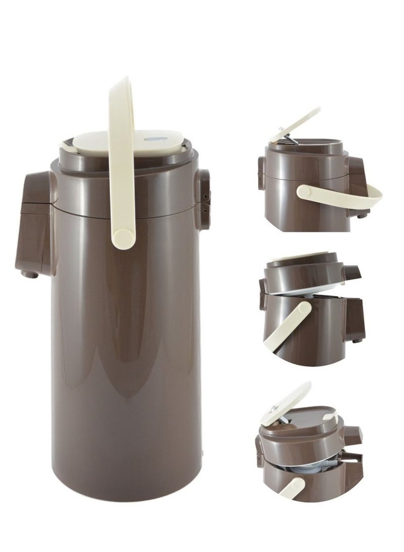 Tea & Coffee Vacuum Flask With Pump, Insulated Double Wall Glass, 3 Litre Capacity, Brown