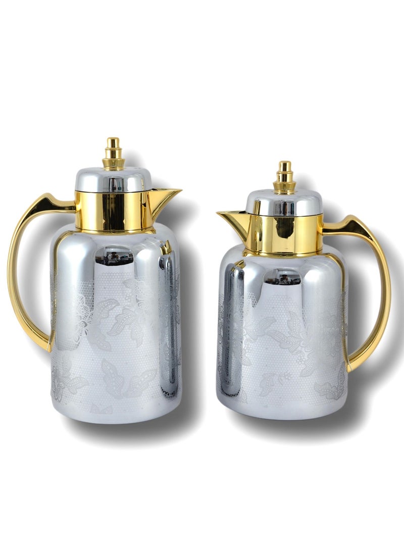 2-Piece Tea & Coffee Flask - 0.7 Liter & 1 Liter Capacity - Glass Inner - ABS Body - Silver & Gold