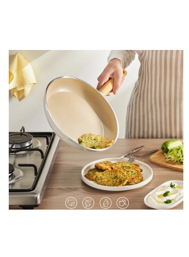 Swiss Crystal High Quality Ceramic Coating Non-Stick Frypan - 26cm - Natural Wood Handle - Beige