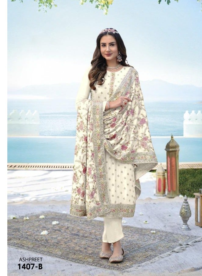 Women's Georgette White Semi Stitched Pakistani Work Dress