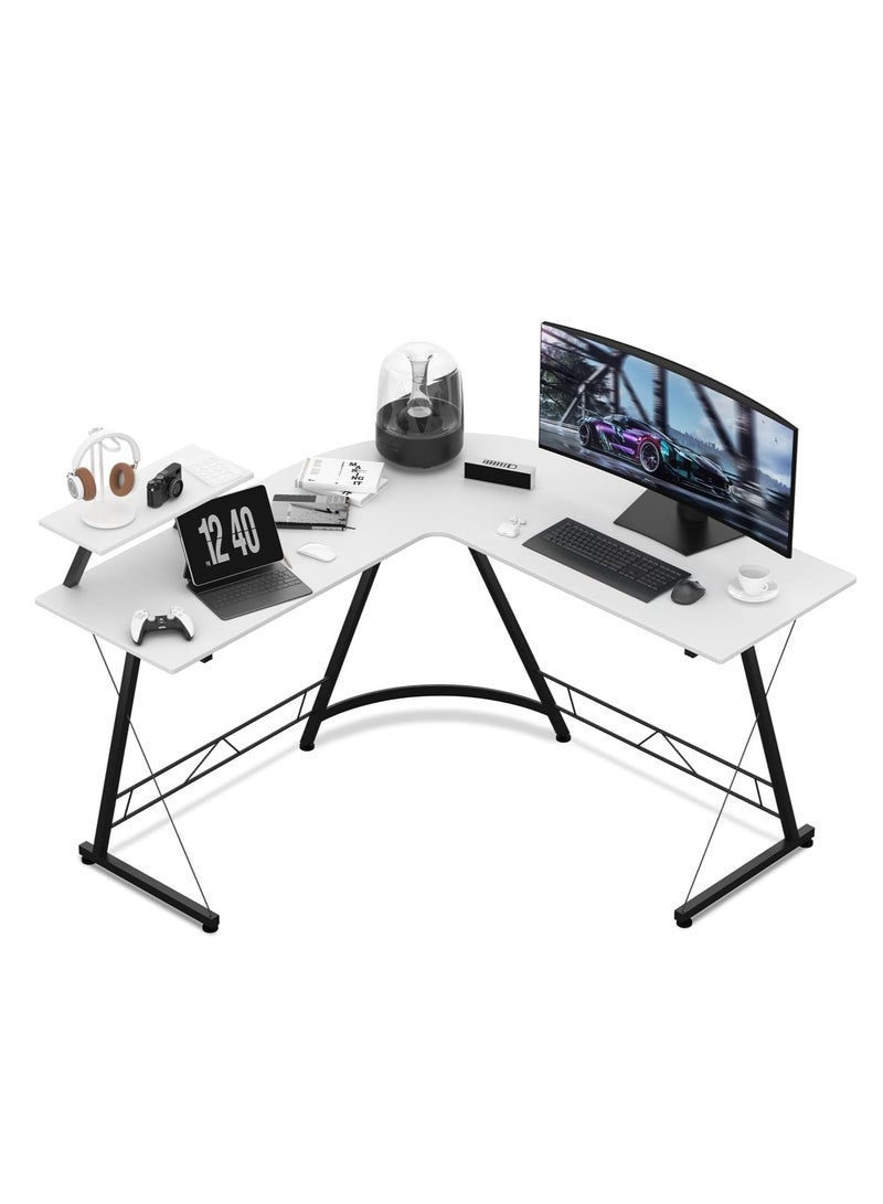 Computer Corner Desk,L Shaped Gaming Table with Large Monitor Stand for Home Office,Sturdy Writing Workstation,Gaming Desk with Shelf, Save Space, 129X46X74 Cm White