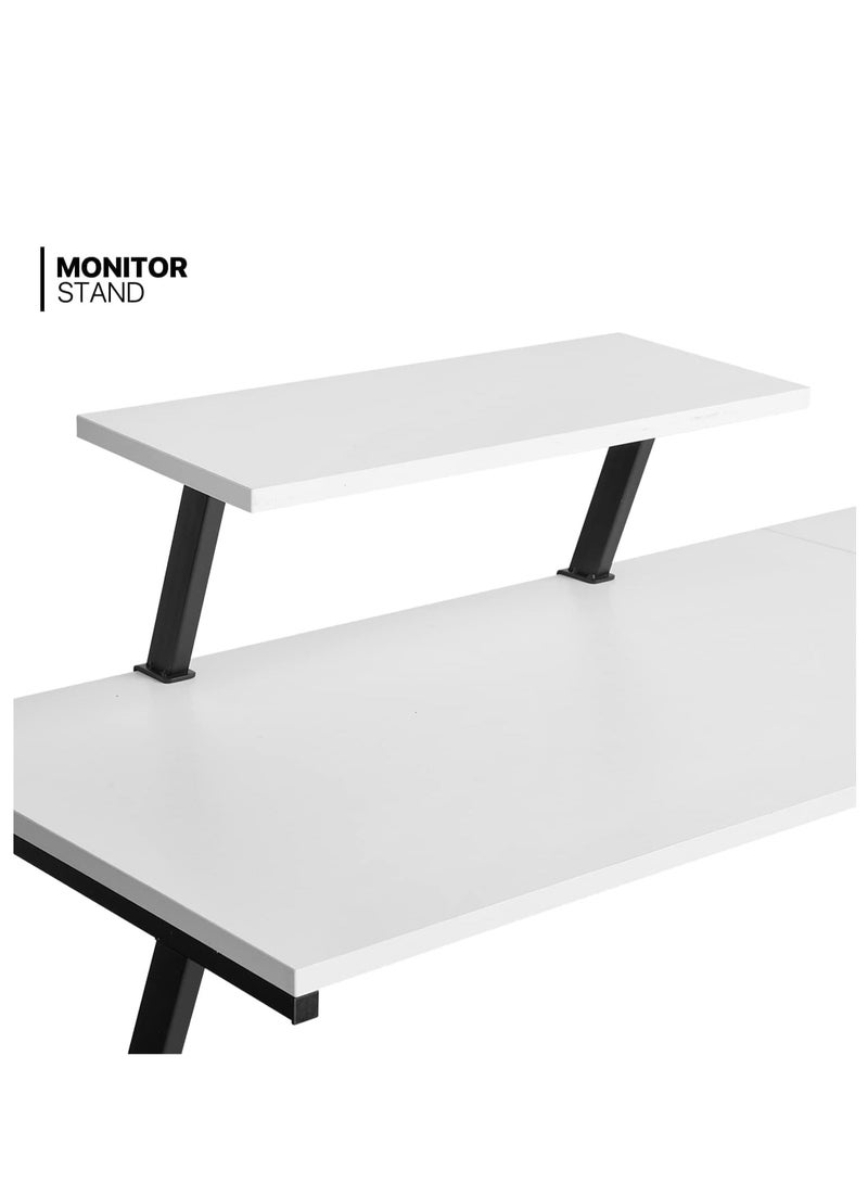 Computer Corner Desk,L Shaped Gaming Table with Large Monitor Stand for Home Office,Sturdy Writing Workstation,Gaming Desk with Shelf, Save Space, 129X46X74 Cm White