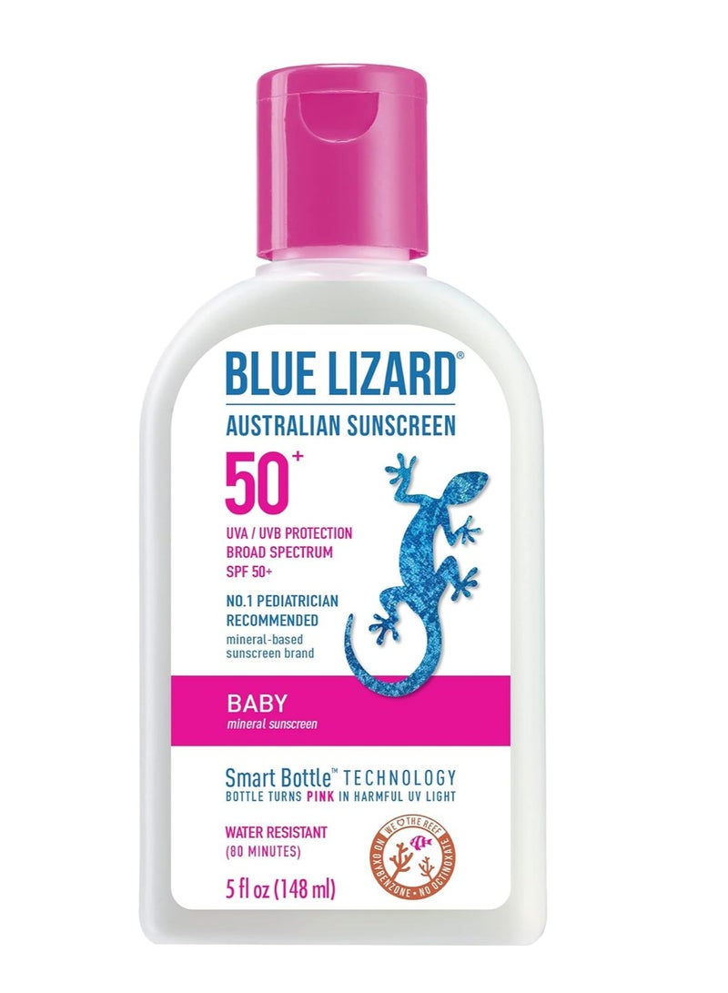 Blue Lizard Baby Mineral Sunscreen with Zinc Oxide, Water Resistant, UVA/UVB Protection with Smart Technology - Fragrance Free, Unscented, SPF 50 - 5 Fl Oz - Bottle