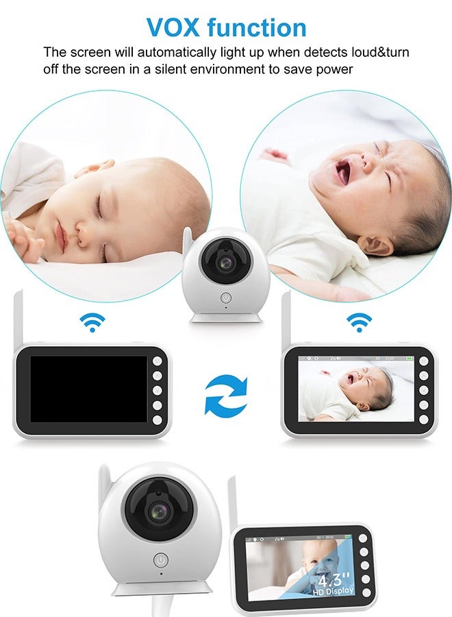 4.3'' Video Baby Monitor 360° Rotation Baby Audio Monitor Camera with Temperature and 8 Lullabies