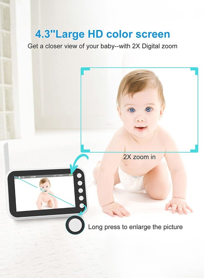 4.3'' Video Baby Monitor 360° Rotation Baby Audio Monitor Camera with Temperature and 8 Lullabies