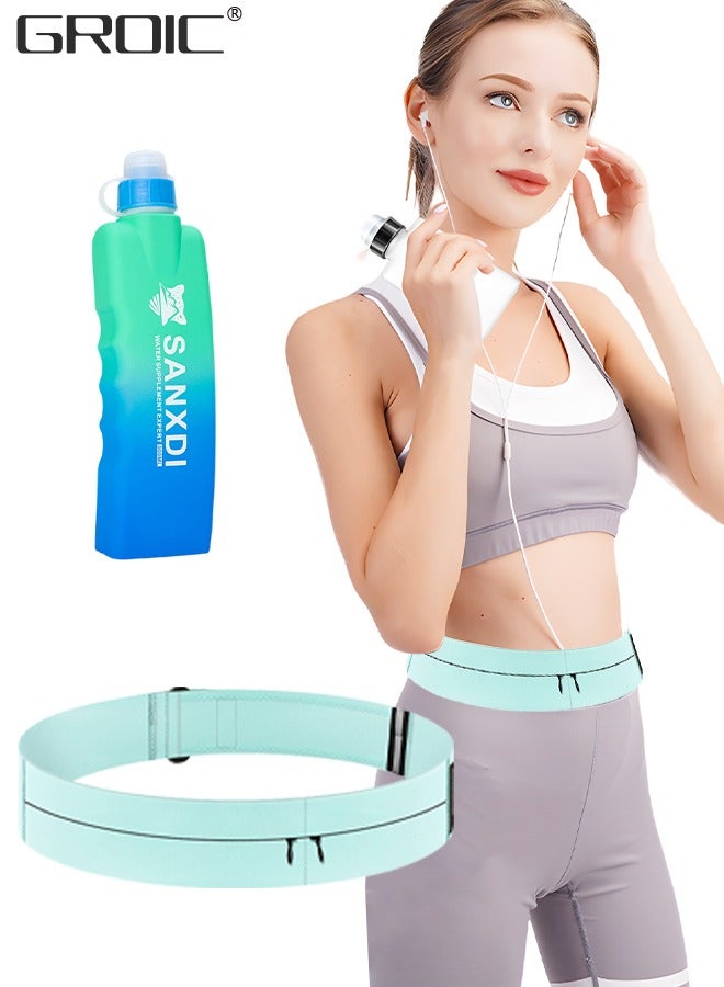 Running Belt with Water Bottle, Slim Sport Workout Pack,Pocket Expandable Zipper Runners Waist Band Pack, Sweat and Waterproof Adjustable Elastic Phone Bag