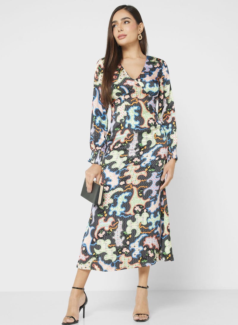 Printed V-Neck Dress