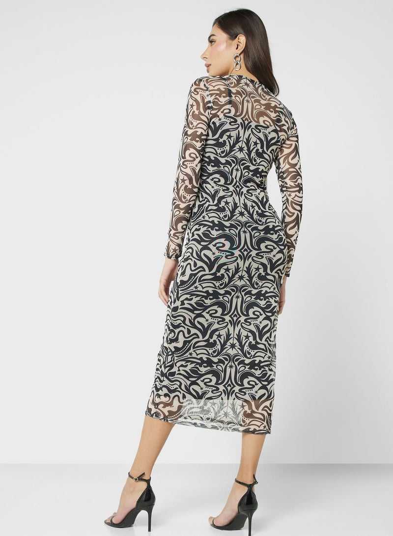 Crew Neck Printed Mesh Dress