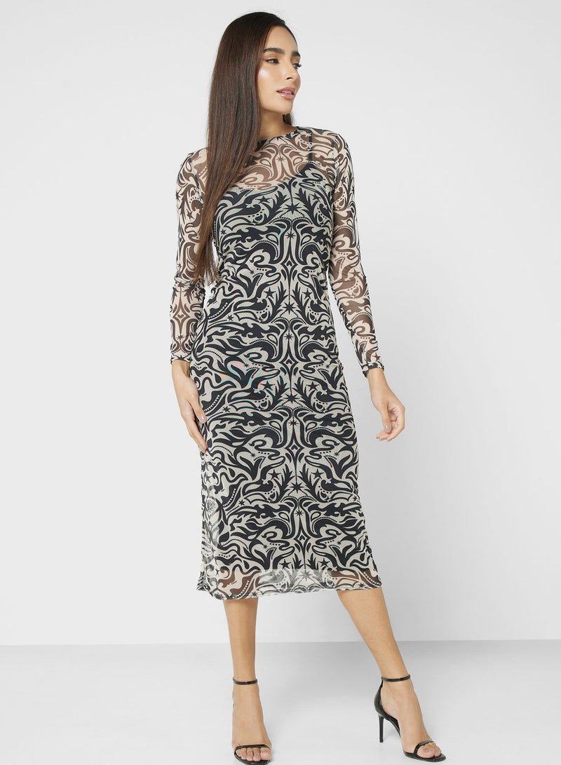 Crew Neck Printed Mesh Dress