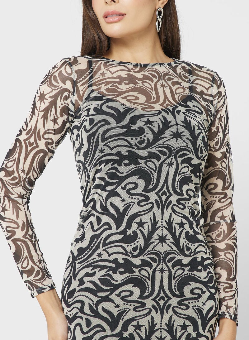 Crew Neck Printed Mesh Dress
