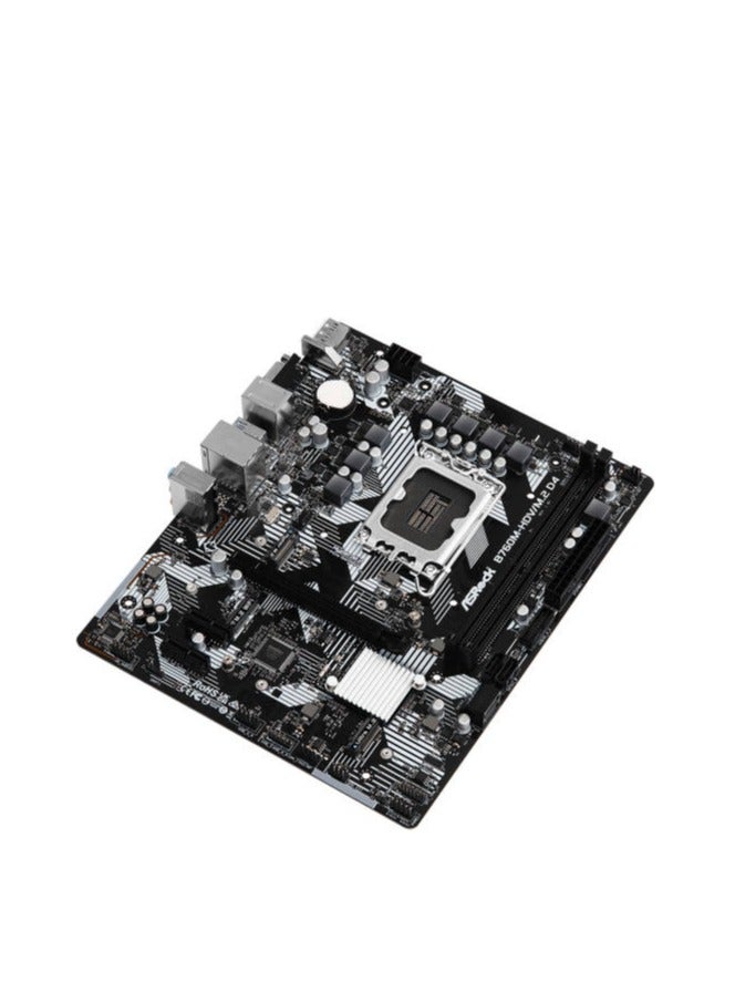 ASRock B760M-HDV/M.2 D4, Supports 12th Gen Intel Core Processors (LGA1700), 5+1+1 Power Phase, 2 x DDR4 DIMMs, Supports Dual Channel, up to 5333+ (OC), 1 PCIe 4.0 x16, 2 PCIe 3.0 x1, 1 M.2 Key E for WiFi, Graphics Output Options: HDMI, DisplayPort, D-Sub Realtek ALC887/897 7.1 CH, HD Audio Codec 4 SATA3, 1 Hyper M.2 (PCIe Gen4x4), 1 Ultra M.2 (PCIe Gen3x4 & SATA) 1 USB 3.2 Gen1 Type-C (Rear), 5 USB 3.2 Gen1 Type-A (3 Rear, 2 Front), 5 USB 2.0 (2 Rear, 3 Front) Realtek 1G LAN Supports ASRock Auto Driver Installer