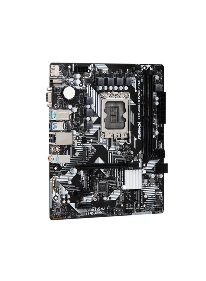 ASRock B760M-HDV/M.2 D4, Supports 12th Gen Intel Core Processors (LGA1700), 5+1+1 Power Phase, 2 x DDR4 DIMMs, Supports Dual Channel, up to 5333+ (OC), 1 PCIe 4.0 x16, 2 PCIe 3.0 x1, 1 M.2 Key E for WiFi, Graphics Output Options: HDMI, DisplayPort, D-Sub Realtek ALC887/897 7.1 CH, HD Audio Codec 4 SATA3, 1 Hyper M.2 (PCIe Gen4x4), 1 Ultra M.2 (PCIe Gen3x4 & SATA) 1 USB 3.2 Gen1 Type-C (Rear), 5 USB 3.2 Gen1 Type-A (3 Rear, 2 Front), 5 USB 2.0 (2 Rear, 3 Front) Realtek 1G LAN Supports ASRock Auto Driver Installer