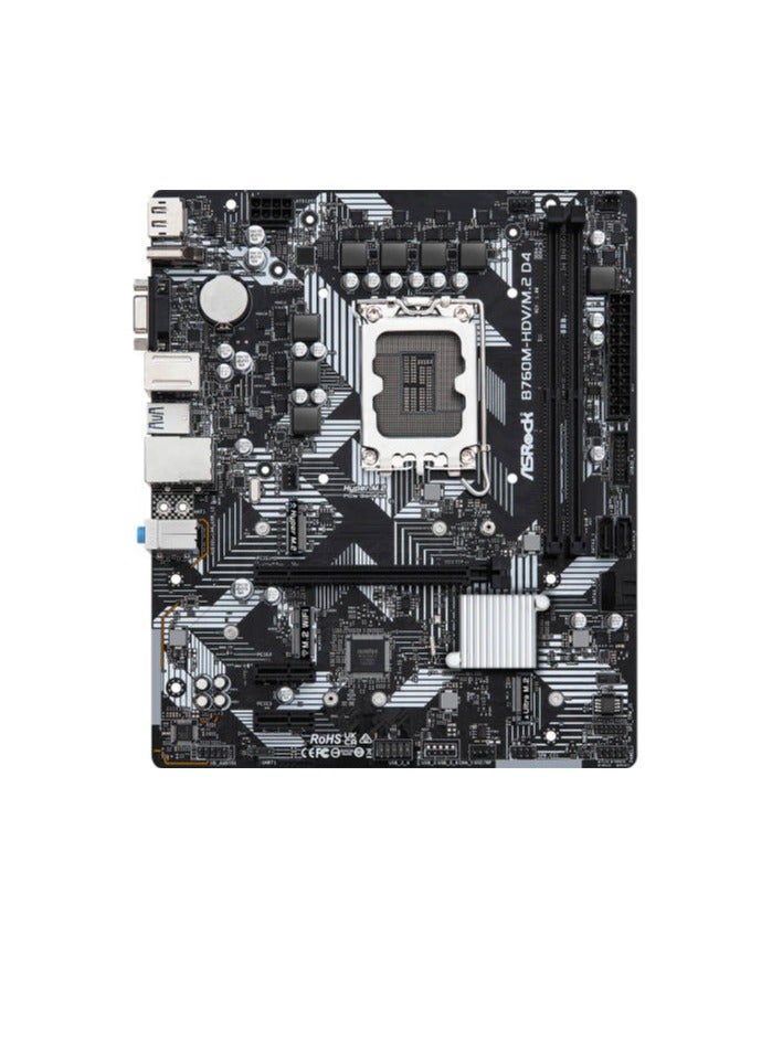 ASRock B760M-HDV/M.2 D4, Supports 12th Gen Intel Core Processors (LGA1700), 5+1+1 Power Phase, 2 x DDR4 DIMMs, Supports Dual Channel, up to 5333+ (OC), 1 PCIe 4.0 x16, 2 PCIe 3.0 x1, 1 M.2 Key E for WiFi, Graphics Output Options: HDMI, DisplayPort, D-Sub Realtek ALC887/897 7.1 CH, HD Audio Codec 4 SATA3, 1 Hyper M.2 (PCIe Gen4x4), 1 Ultra M.2 (PCIe Gen3x4 & SATA) 1 USB 3.2 Gen1 Type-C (Rear), 5 USB 3.2 Gen1 Type-A (3 Rear, 2 Front), 5 USB 2.0 (2 Rear, 3 Front) Realtek 1G LAN Supports ASRock Auto Driver Installer