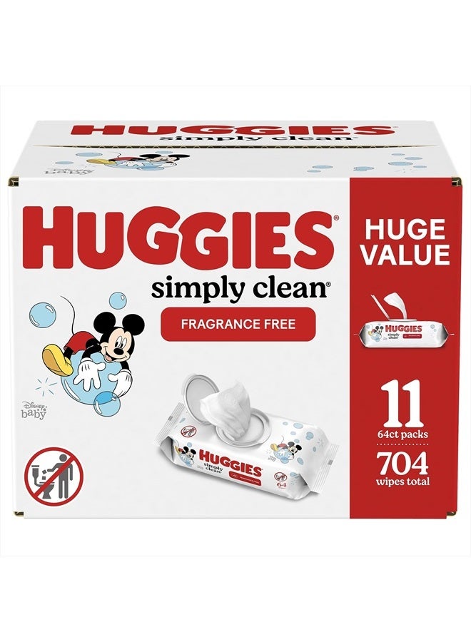 Huggies Simply Clean Fragrance-Free Baby Wipes, Unscented Diaper Wipes, 64 Count(Pack of 11) (704 Wipes Total)