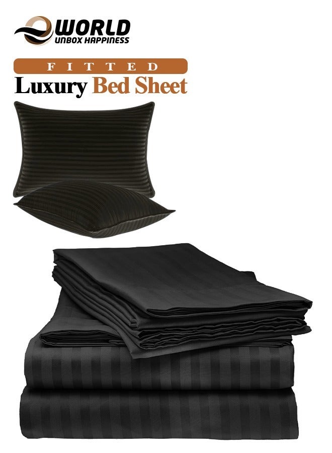 3 Piece Luxury Black Striped Bed Sheet Set with 1 Deep Pocket Fitted Sheet and 2 Pillowcases for Hotel and Home Crafted from Ultra Soft and Breathable Cotton for Year-Round Comfort, (Single/Double)