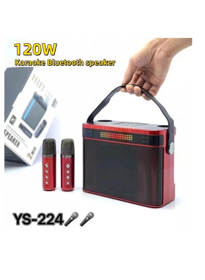 YS 224 Portable Wireless Bluetooth Karaoke Speaker Stereo Bass With Dual Microphones Red