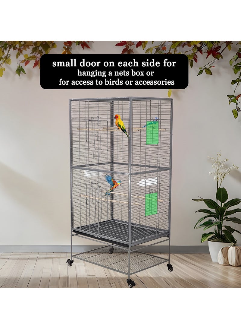 Birdcage, Wrought iron large parrot cage for medium and large birds with removable tray, wood perch, feeding bowls, and shelf storage, Comfortable bird aviary 168 cm (Grey)