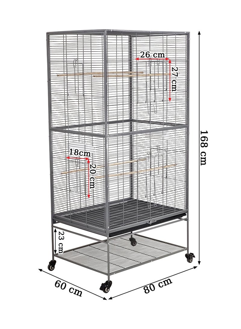 Birdcage, Wrought iron large parrot cage for medium and large birds with removable tray, wood perch, feeding bowls, and shelf storage, Comfortable bird aviary 168 cm (Grey)