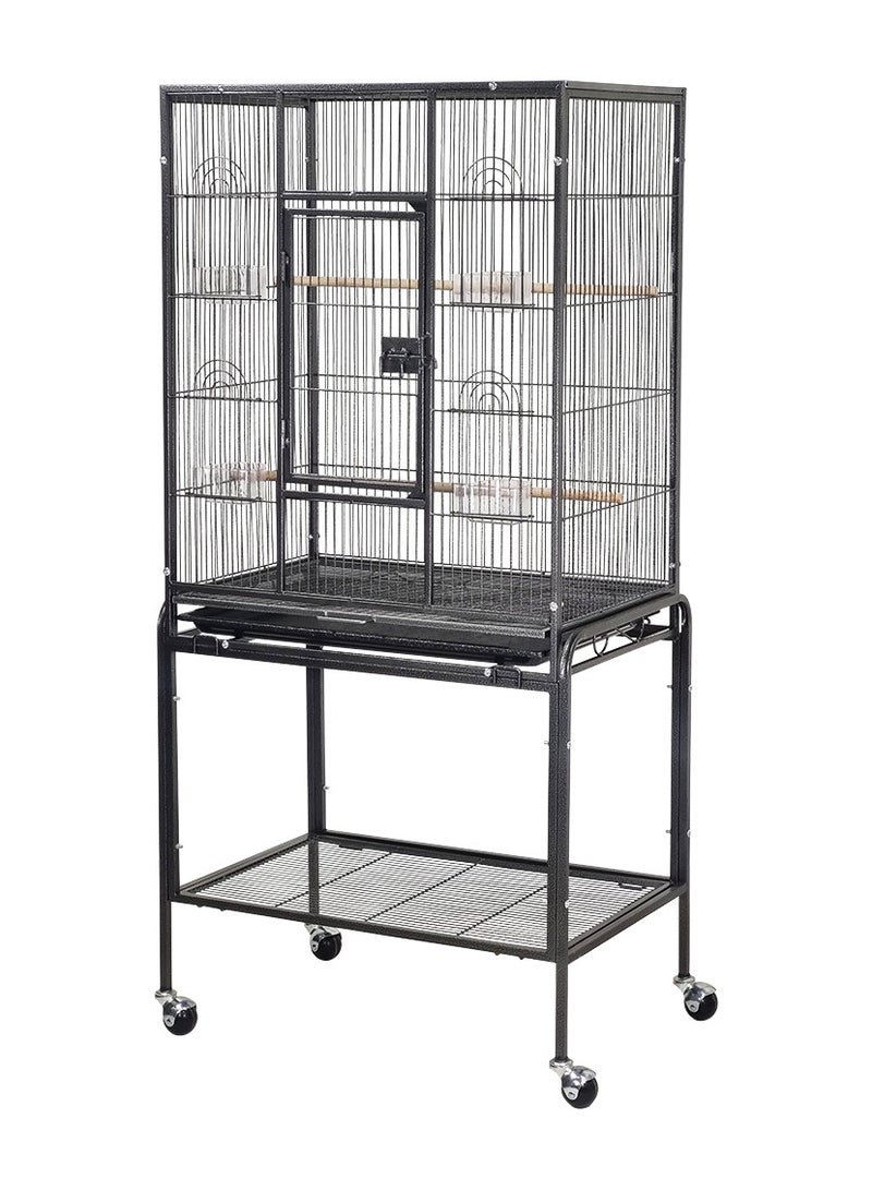 Bird cage for small and medium birds with Storage shelf, Feeding bowls, Wooden perch, Removable tray, and Universal wheels, Durable metal wire large bird cage 135 cm (Black)