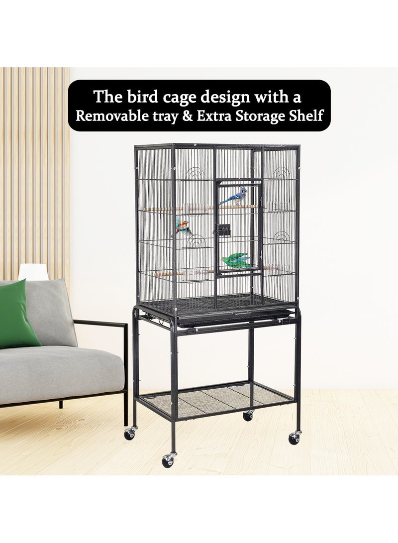 Bird cage for small and medium birds with Storage shelf, Feeding bowls, Wooden perch, Removable tray, and Universal wheels, Durable metal wire large bird cage 135 cm (Black)