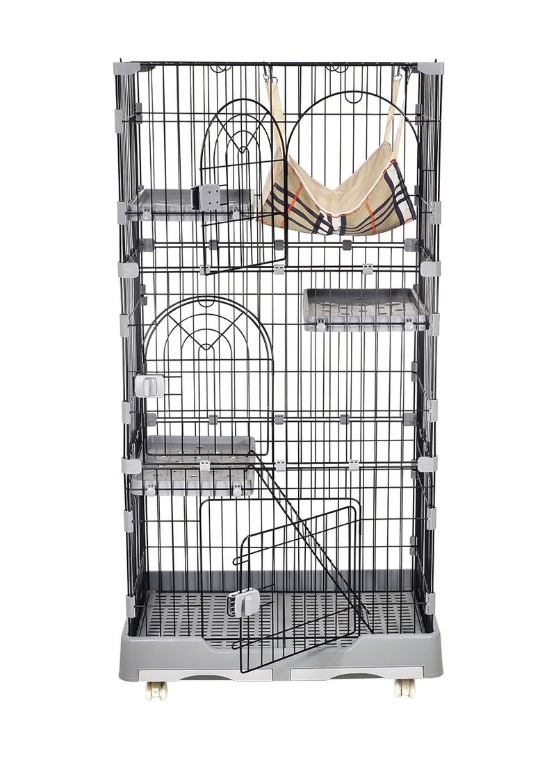 Cat cage with hammock, wide perch, slide-out tray, climbing ladder, and universal wheels, 3-Tier kitten cage for multiple cats, Durable metal wire cage 145 cm (Black/Grey)