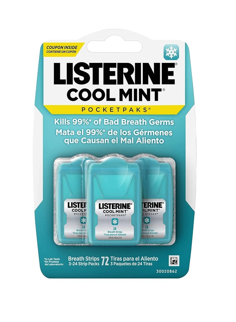 Listerine Cool Mint Pocketpaks Breath Strips Kills Bad Breath Germs, 24-Strip Pack, 3 Pack