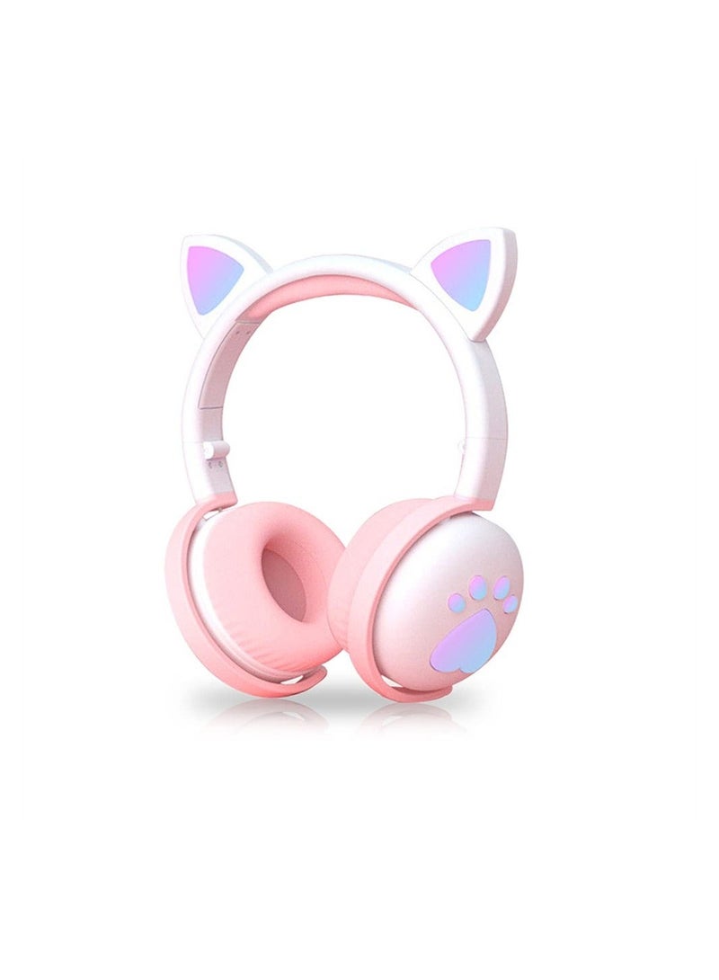 Kids Headphones Wireless, Cute Cat Ear Glowing Wireless Bluetooth, Foldable LED Light Up Headphones Over On Ear, Bluetooth Over Ear Headphones with Microphone for Girls Boys Gift