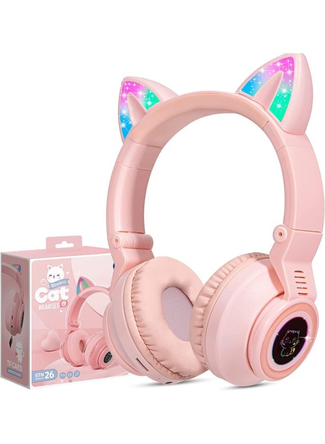 Kids Headphones Wireless Light Up Cat Ear Bluetooth Headphones Over Ear Childrens Foldable Headphones w/Microphone for Amazon Fire Tablet/Laptop/iPad (Pink)