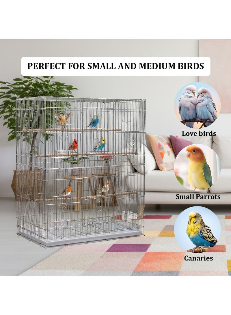 Birdcage, Silver metal wire bird cage for small and medium birds with feeding bowls, standing perch, and Slide-out tray, Perfect for indoor and outdoor 93 cm (Silver)