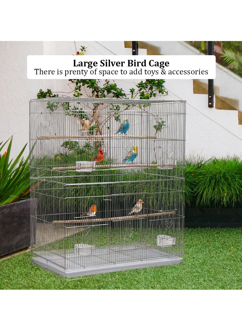 Birdcage, Silver metal wire bird cage for small and medium birds with feeding bowls, standing perch, and Slide-out tray, Perfect for indoor and outdoor 93 cm (Silver)