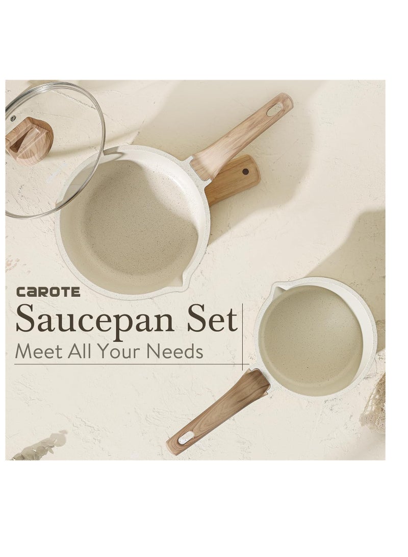 CAROTE 1.5Qt & 2.5Qt Sauce Pan Set with Lid Nonstick Saucepan 4 Pcs Non Stick Sauce Pots Cooking Pot with Pour Spout, Easy to Clean, Small Kitchen Pots Induction Pot, PFOA FREE (White Granite)