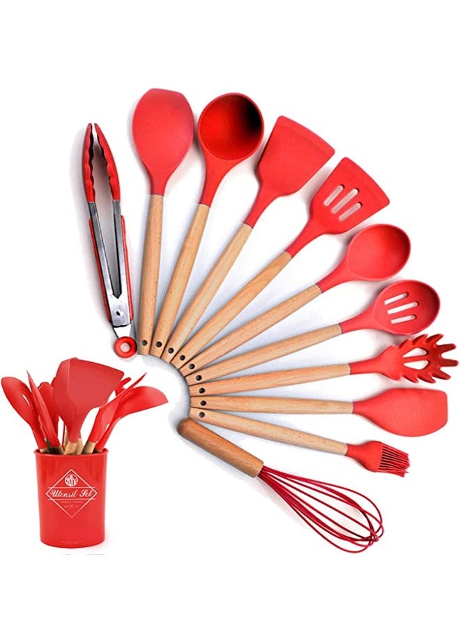 12 Piece Silicone Kitchen Utensil Set for Home or Picnic with Wooden Handle Protect Hands Red