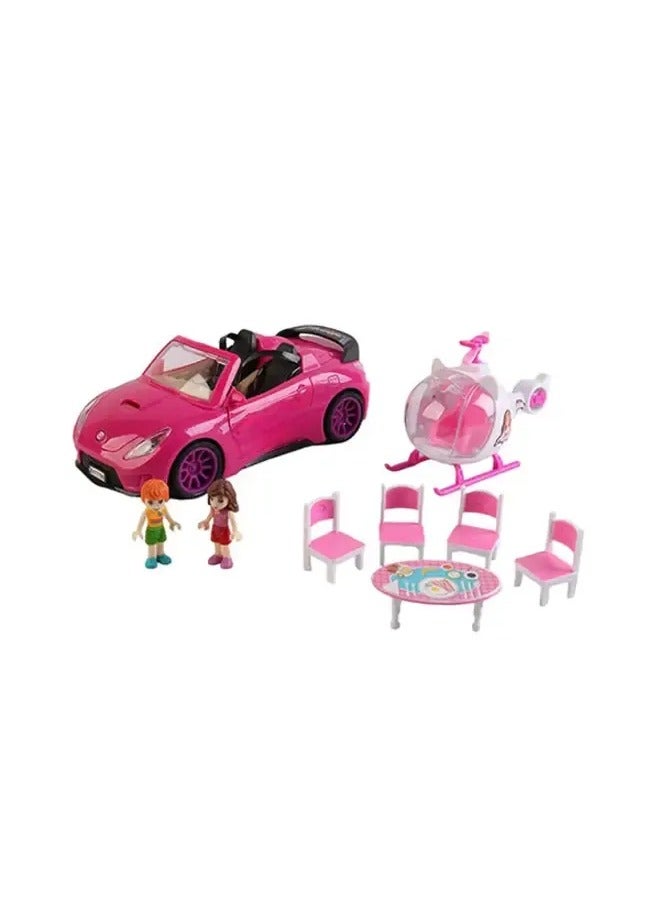 Sporty Car sky high Helicopter and Elegant Dining with Dolls