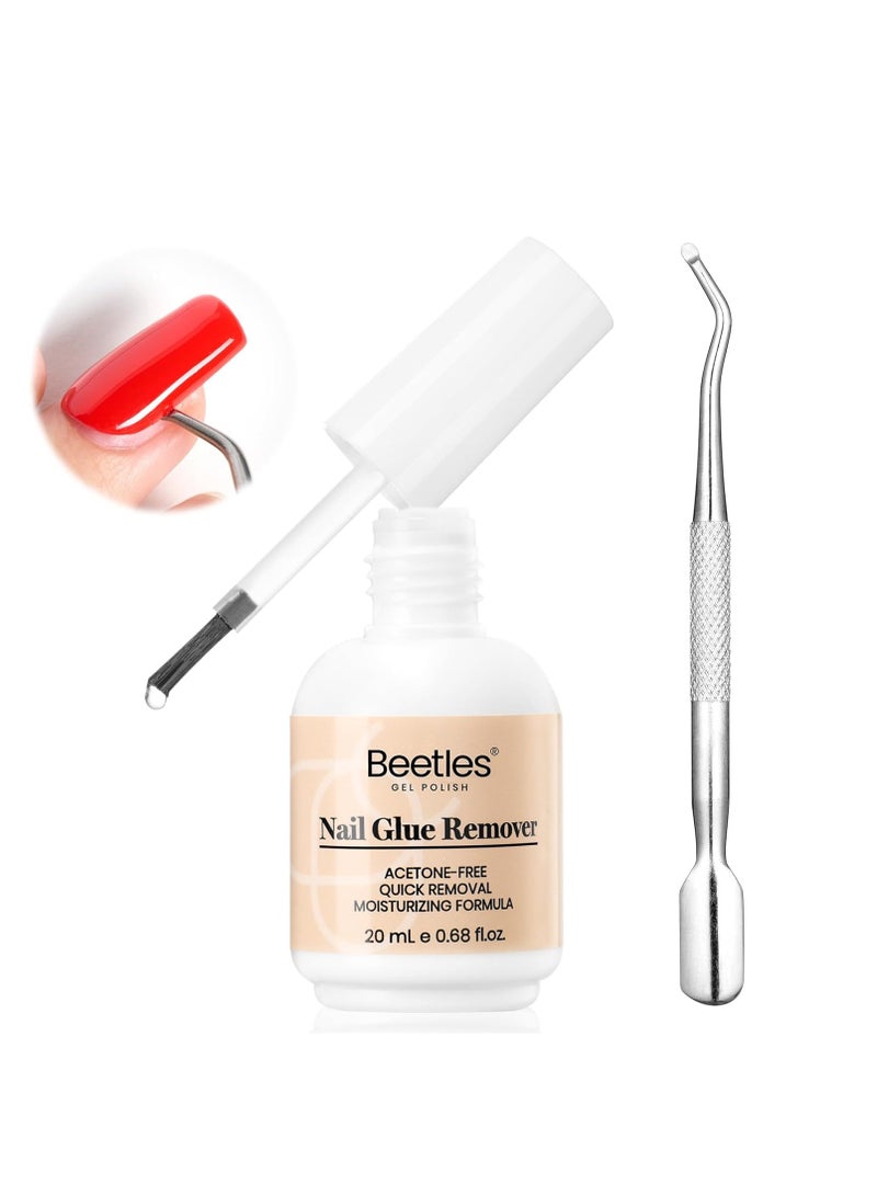 Beetles Nail Glue Remover Glue 20ml for False Nails, Press on Nails Glue Remover for Fake Nail Tips Acrylic Nail Adhesive Remover with Cuticle Pusher, Not for Uv Gel Glue or Gel Polish Gift for Mom