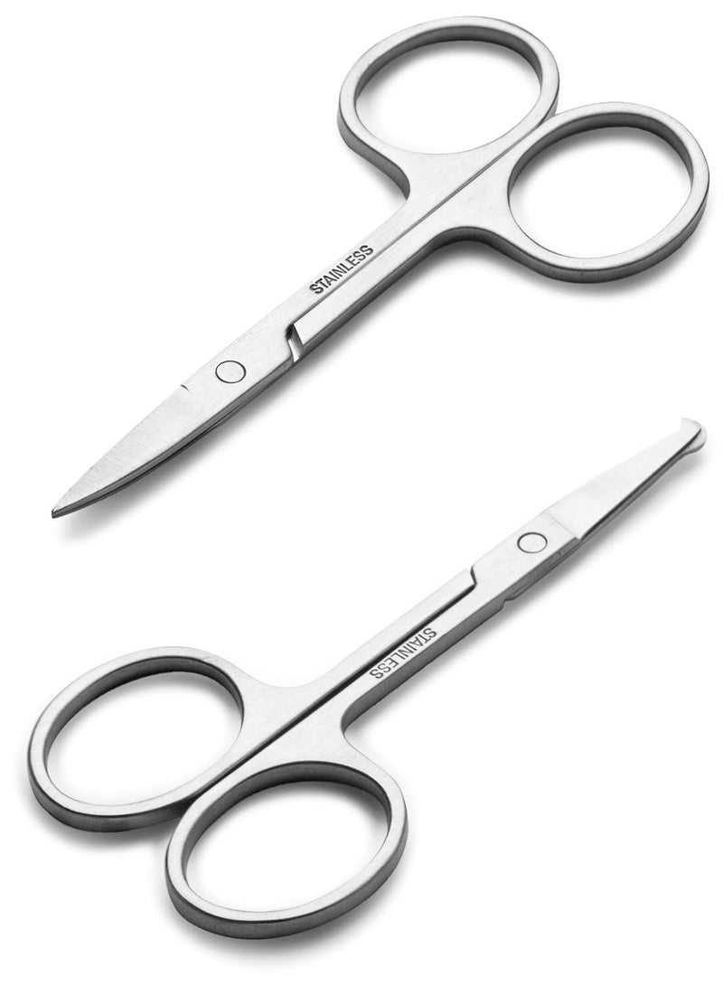 Facial Hair Small Grooming Scissors For Men Women - Eyebrow, Nose Hair, Mustache, Beard, Eyelashes, Ear Trimming Kit - Curved and Rounded Safety Tip Clippers For Hair Cutting - 2PCS Silver