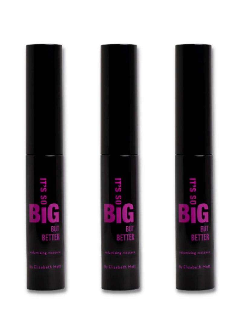 Elizabeth Mott Black Volumizing Smudge-Proof Cruelty Free Lengthening Fiber Mascara Set with Hourglass Wand,Water-Resistant,No Clump,Safe for Eye Lash Extensions,Travel-friendly, Mini Trio Set-4mlx3