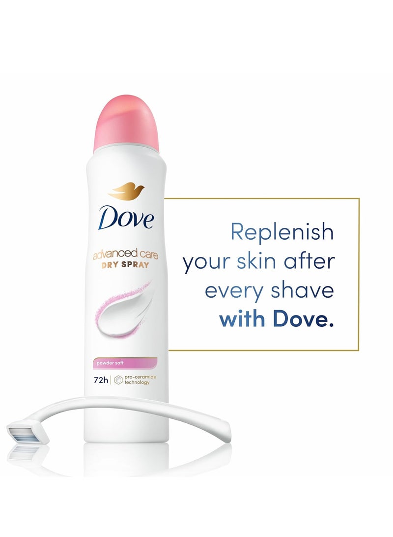 Dove Advanced Care Antiperspirant Deodorant Spray Powder Soft 3 Count to help skin barrier repair after shaving 72 hour antiperspirant deodorant for soft underarms with boosted ceramide levels 3.8 oz