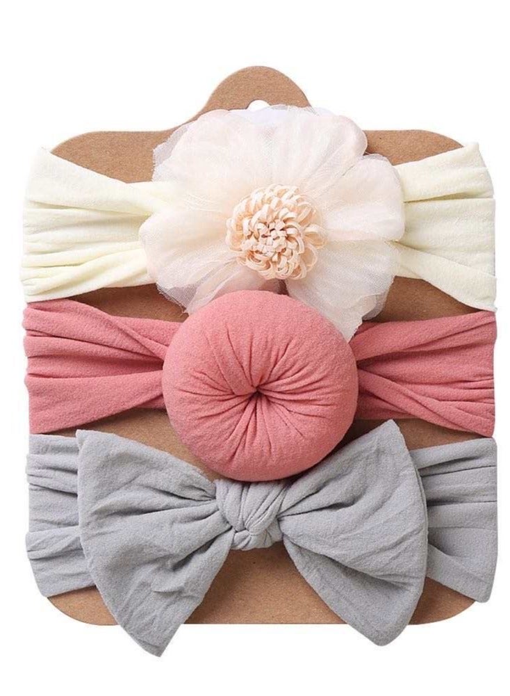 The Girl Cap Elastic Baby Headband Stretchable Nylon Assorted Hairbands Hair Accessories for Baby - 3PCs (White, Pink, Grey)