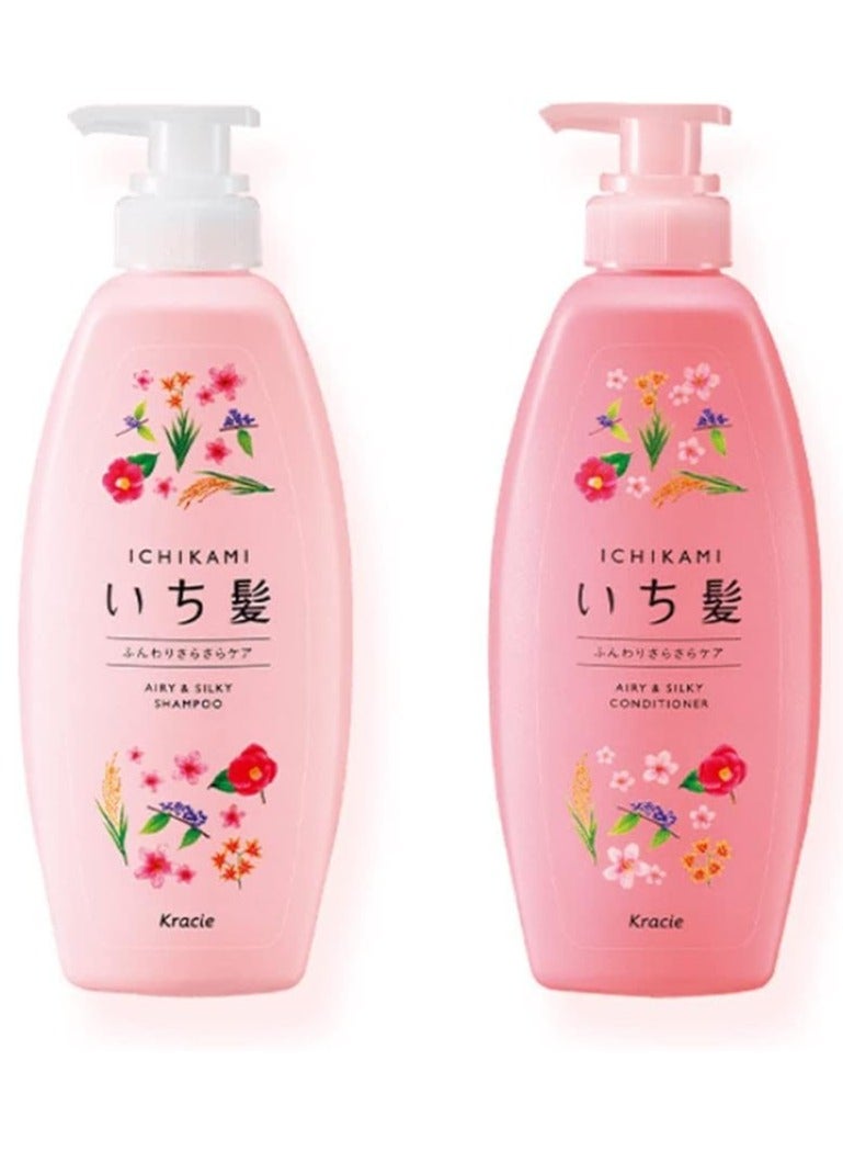 Kracie ICHIKAMI Airy & Silky Hair Shampoo and Conditioner Set, 480ml + 480ml