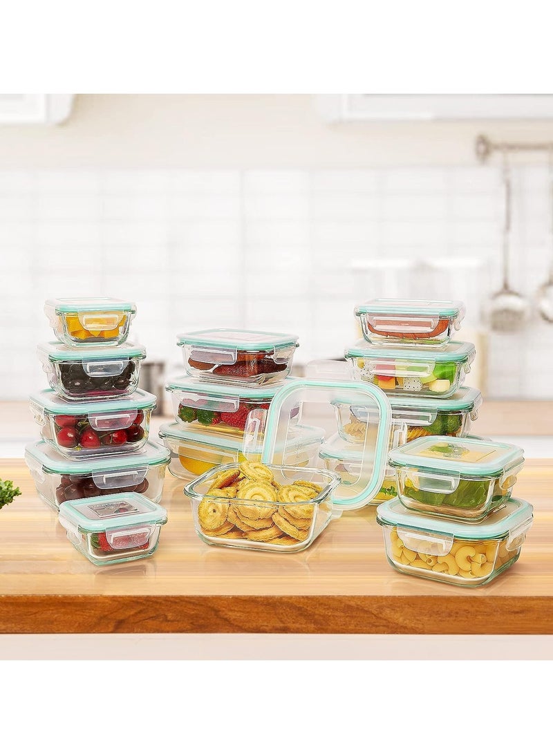 15-Pack Airtight Glass Food Storage Containers with Leak-Proof Locking Lids - Microwave, Oven, Freezer, and Dishwasher Safe Glass Bento Boxes for Meal Prep