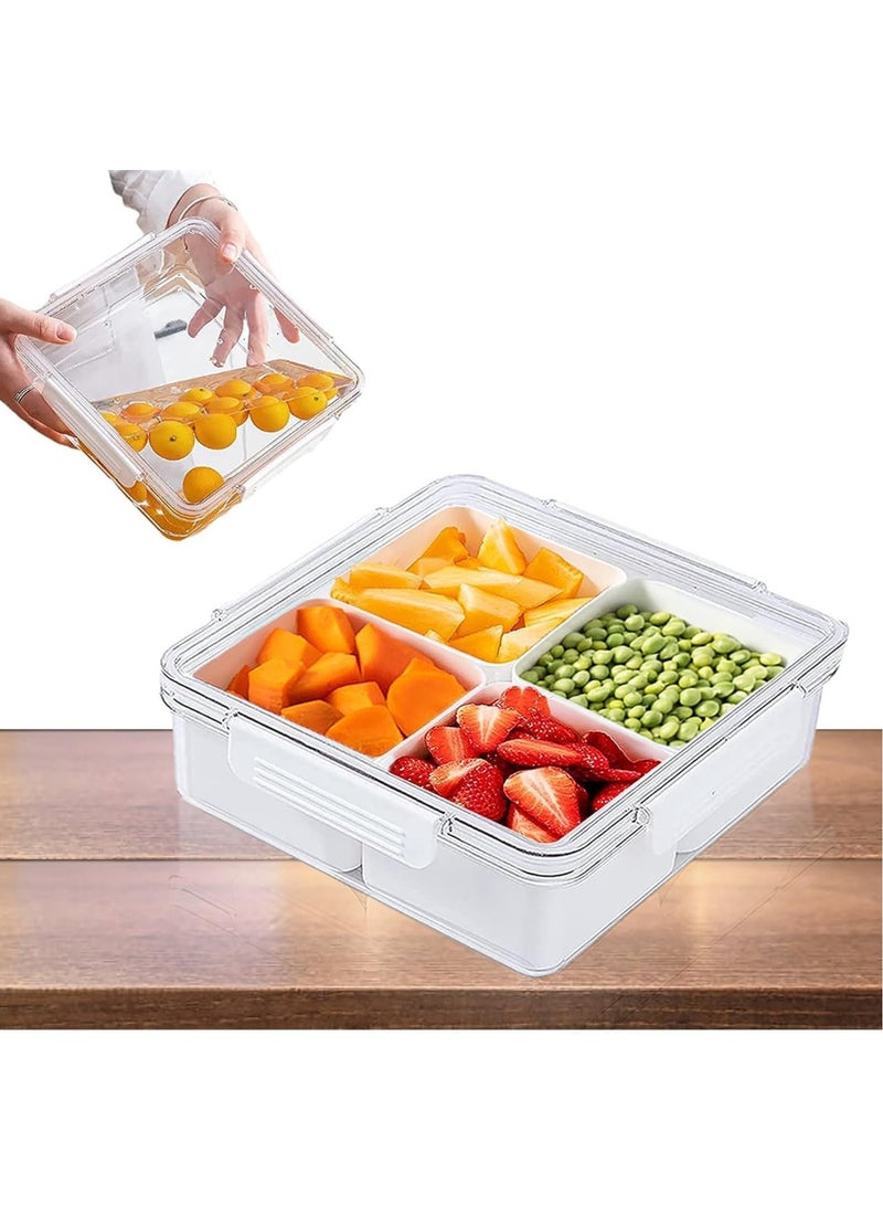 Reusable Large Square Divided Veggie Tray with Lid - 4 Compartment Food Storage Container for Fruits, Vegetables, and Snacks - Refrigerator-Friendly